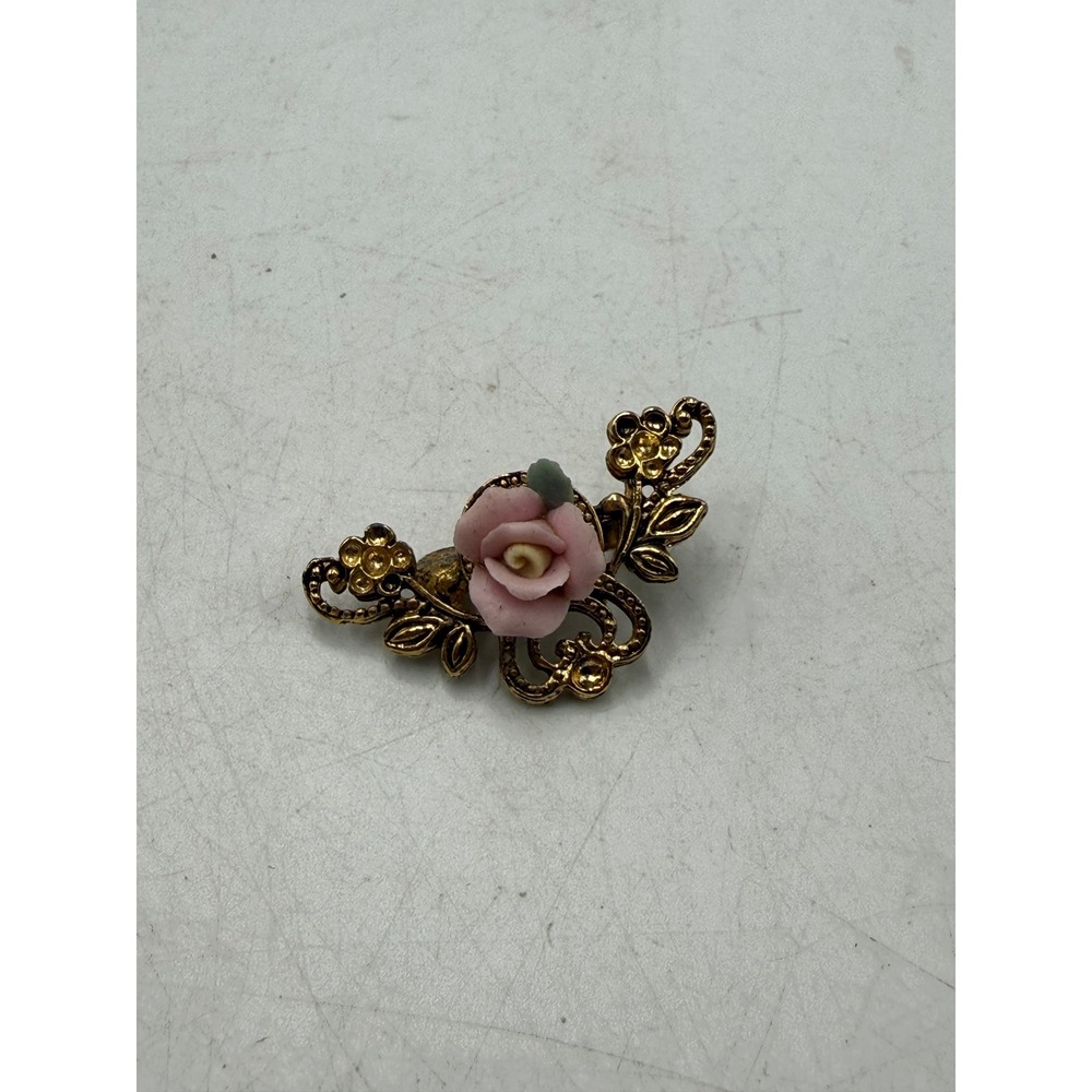 Vintage Gold Pink Porcelain Rose Floral Brooch Pin Ornate Scrollwork Victorian